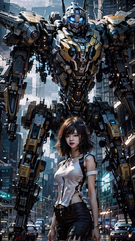 (masterpiece,best quality,illustration,ultra detailed 8k,photorealistic,sharp focus,highly detailed,professional lighting,colorful details,iridescent colors),extreme long shot of a factory,large mechanical robot construction,microchip,computer,glowing,intricate details,shitu-mecha,1girl standing in front of the audience,beautiful detailed eyes,beautiful detailed lips,extremely detailed face and eyes,long eyelashes