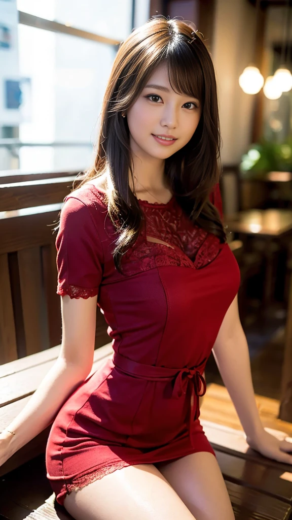 masterpiece, Highest quality,16k, Ultra-high resolution,The light and shadow of reality,Cinema Lenses,(Very skinny),(Very firm and beautiful breasts),((Her waist is slim and beautiful)),((Very small and firm beautiful ass)),((She has outstanding style)),(Pure white beautiful skin),(Pure white teeth)),((Large, clear, beautiful eyes)),((Her face is very small)),((Cute Japanese Girls)),((She is wearing a bright red short-sleeved lace dress.)),((Sitting on a bench in a stylish cafe)),(Sexy pose),(Beautiful Eyes:1.1),Reflecting clear eyes and a gentle smile,