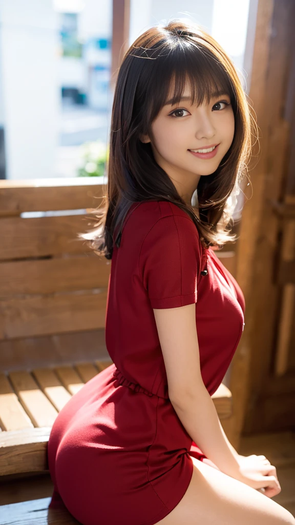 masterpiece, Highest quality,16k, Ultra-high resolution,The light and shadow of reality,Cinema Lenses,(Very skinny),(Very firm and beautiful breasts),((Her waist is slim and beautiful)),((Very small and firm beautiful ass)),((She has outstanding style)),(Pure white beautiful skin),(Pure white teeth)),((Large, clear, beautiful eyes)),((Her face is very small)),((Cute Japanese Girls)),((She is wearing a bright red short-sleeved lace dress.)),((Sitting on a bench in a stylish cafe)),(Sexy pose),(Beautiful Eyes:1.1),Reflecting clear eyes and a gentle smile,