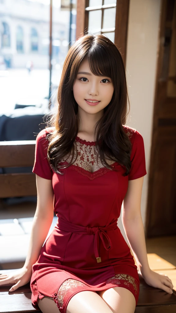 masterpiece, Highest quality,16k, Ultra-high resolution,The light and shadow of reality,Cinema Lenses,(Very skinny),(Very firm and beautiful breasts),((Her waist is slim and beautiful)),((Very small and firm beautiful ass)),((She has outstanding style)),(Pure white beautiful skin),(Pure white teeth)),((Large, clear, beautiful eyes)),((Her face is very small)),((Cute Japanese Girls)),((She is wearing a bright red short-sleeved lace dress.)),((Sitting on a bench in a stylish cafe)),(Sexy pose),(Beautiful Eyes:1.1),Reflecting clear eyes and a gentle smile,