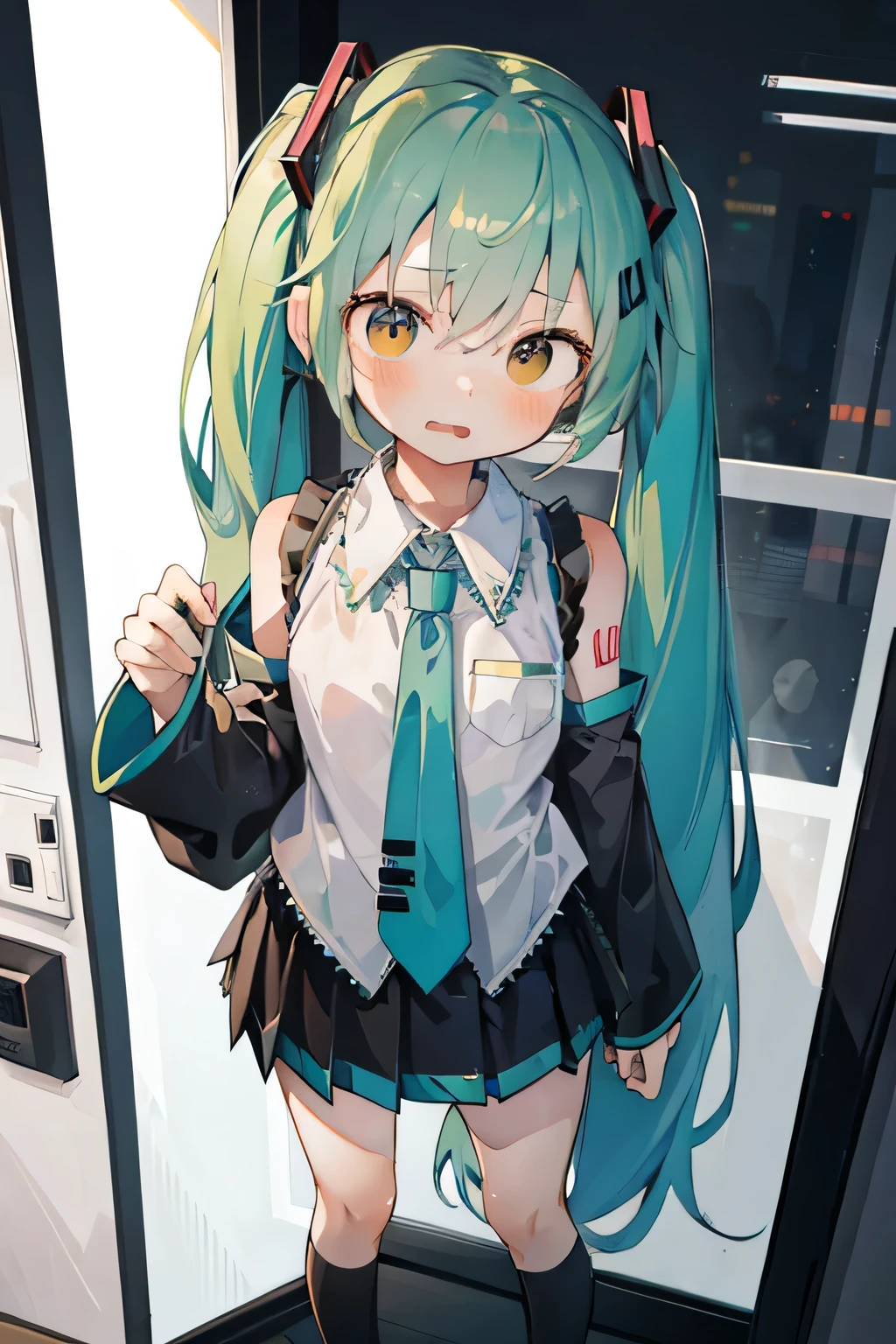 (masterpiece, Highest quality:1.3), One male , Front hair, green_hair, blush, brown_eye, bulge, Cosplay, Women, independent_sleeve, Embarrassing, eyelash, Hatsune_Miku_(Cosplay), Holding, Holding_Telephone, indoor, male_concentrated, mirror, tie, ototeeth_no_teeth, Telephone, Pleats_skirt, Selfie, shirt, skirt, No sleeve, No sleeve_shirt, alone, spring_Onion, Are standing, Sweat, Knee socks, Twin tails, umbrella, wig