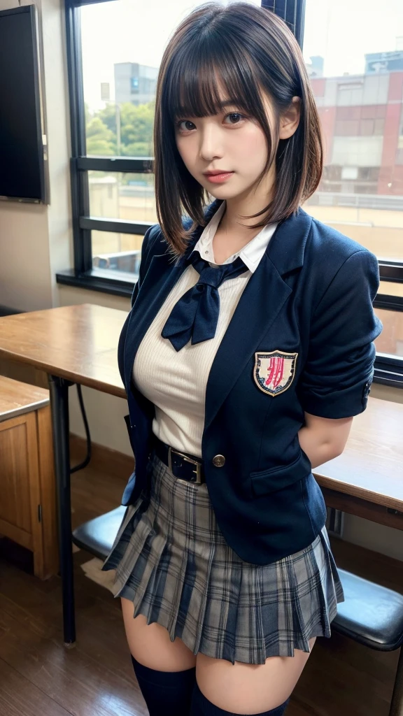 masterpiece, best quality, illustration, Super detailed, fine details, High resolution, 8K,wall paper, perfect dynamic composition,(Details High quality, realistic depiction of eyes:1.3), from side, High School Classroom、High school girl uniform、blazer 、Super Short Check Uniform Skirt、Navy blue high socks、garterbelts、Large swollen breasts, Disturbed uniform,  short bob hair, black hair color, huge breasts, Big Natural Color Lip, bold sexy pose, perfect body shape, crying a little、Harajuku style、20 year old girl、cute type, beautiful legs, hposing Gravure Idol