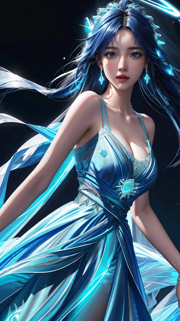 Ultra hd, 8k quality, a girl, (Beautiful face:1.3), very long hair, blue dress, (glowing dress:1.5), detailed eyes, front capture, unreal engine 5, Perfect body,