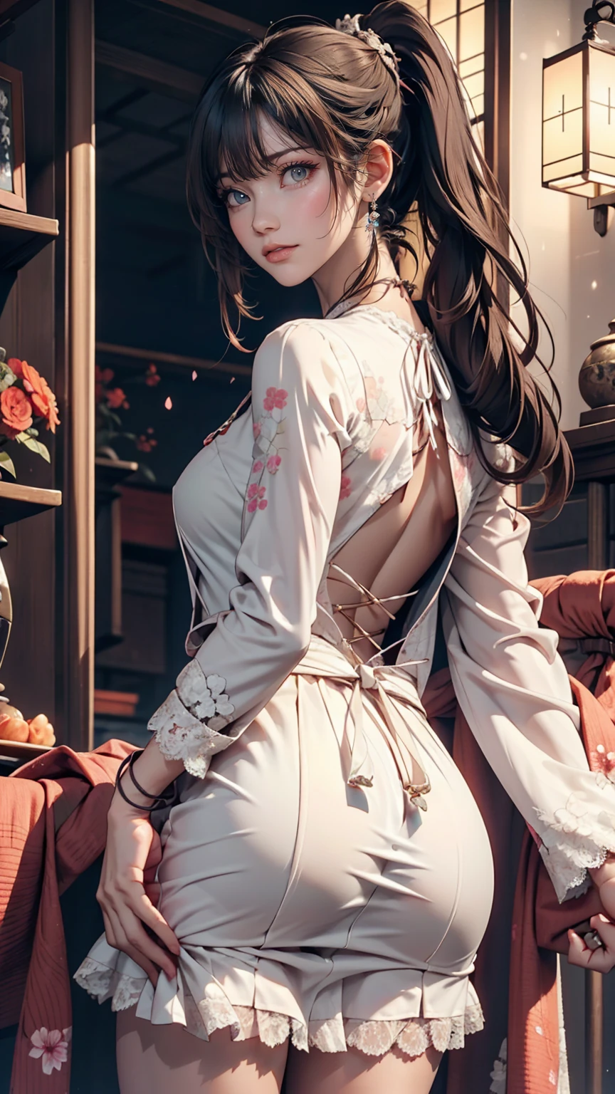 No sleeve、ponytail、Japanese women、Yamato Nadeshiko、Ladylike、modest、Japanese Beauty、Beautiful woman looking back、smile、Lace-up back((lace-up back))Wear a dress