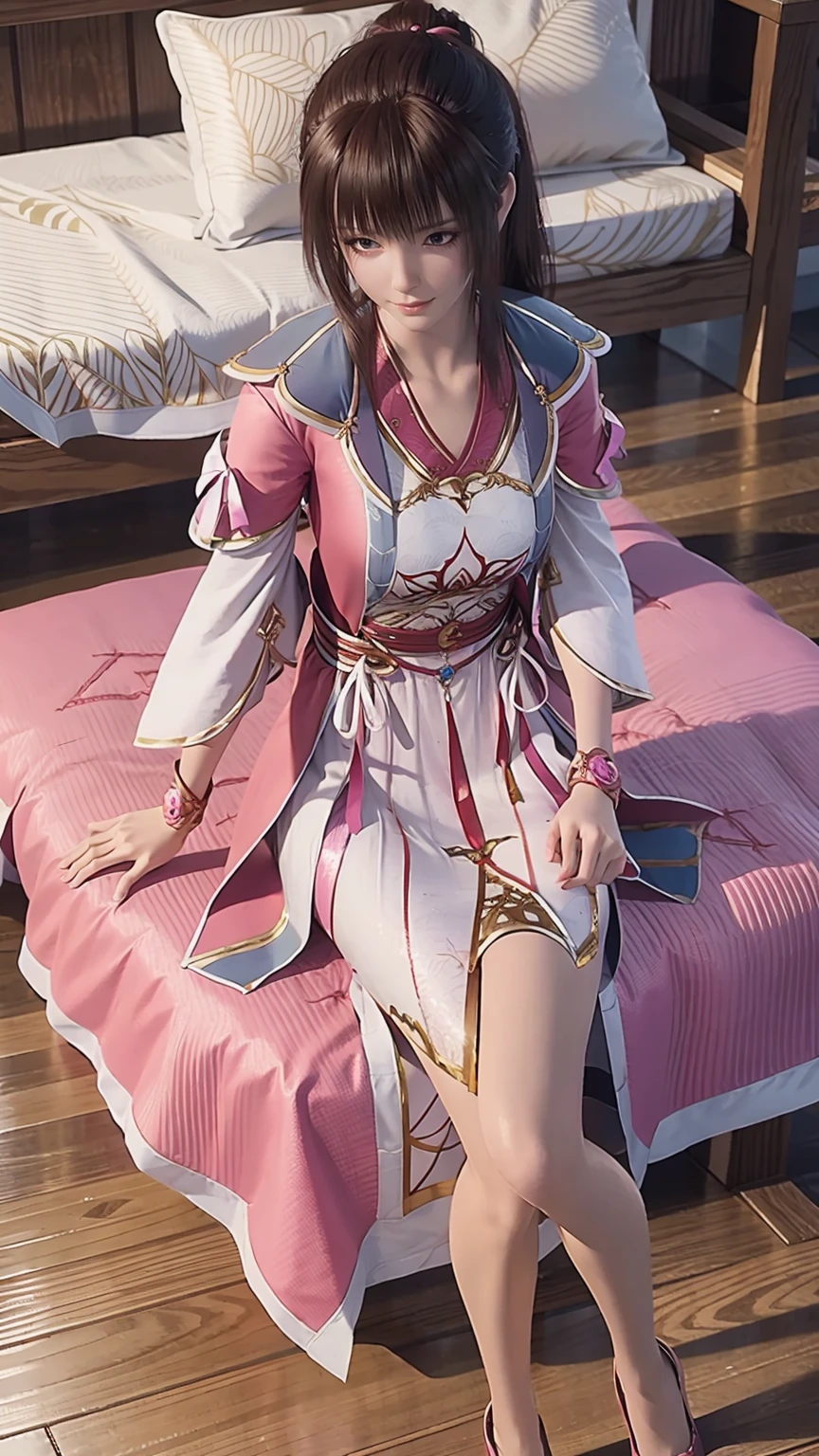 A beautiful young 16 year old girl lying on a pink bed, facing up with slightly raised legs, highly detailed, photorealistic, 4k, 8k, cinematic, full body, long legs, large breasts, lying on the bed, shoulders exposed, shoulder-length dress, head resting on pillow, fully reclined on the bed