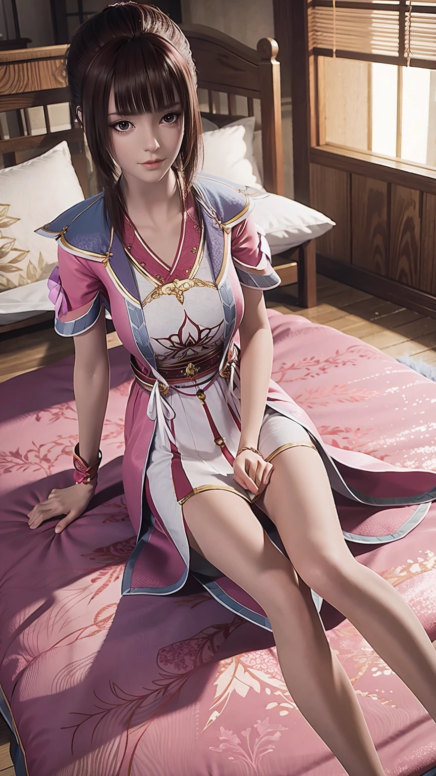A beautiful young 16 year old girl lying on a pink bed, facing up with slightly raised legs, highly detailed, photorealistic, 4k, 8k, cinematic, full body, long legs, large breasts, lying on the bed, shoulders exposed, shoulder-length dress, head resting on pillow, fully reclined on the bed