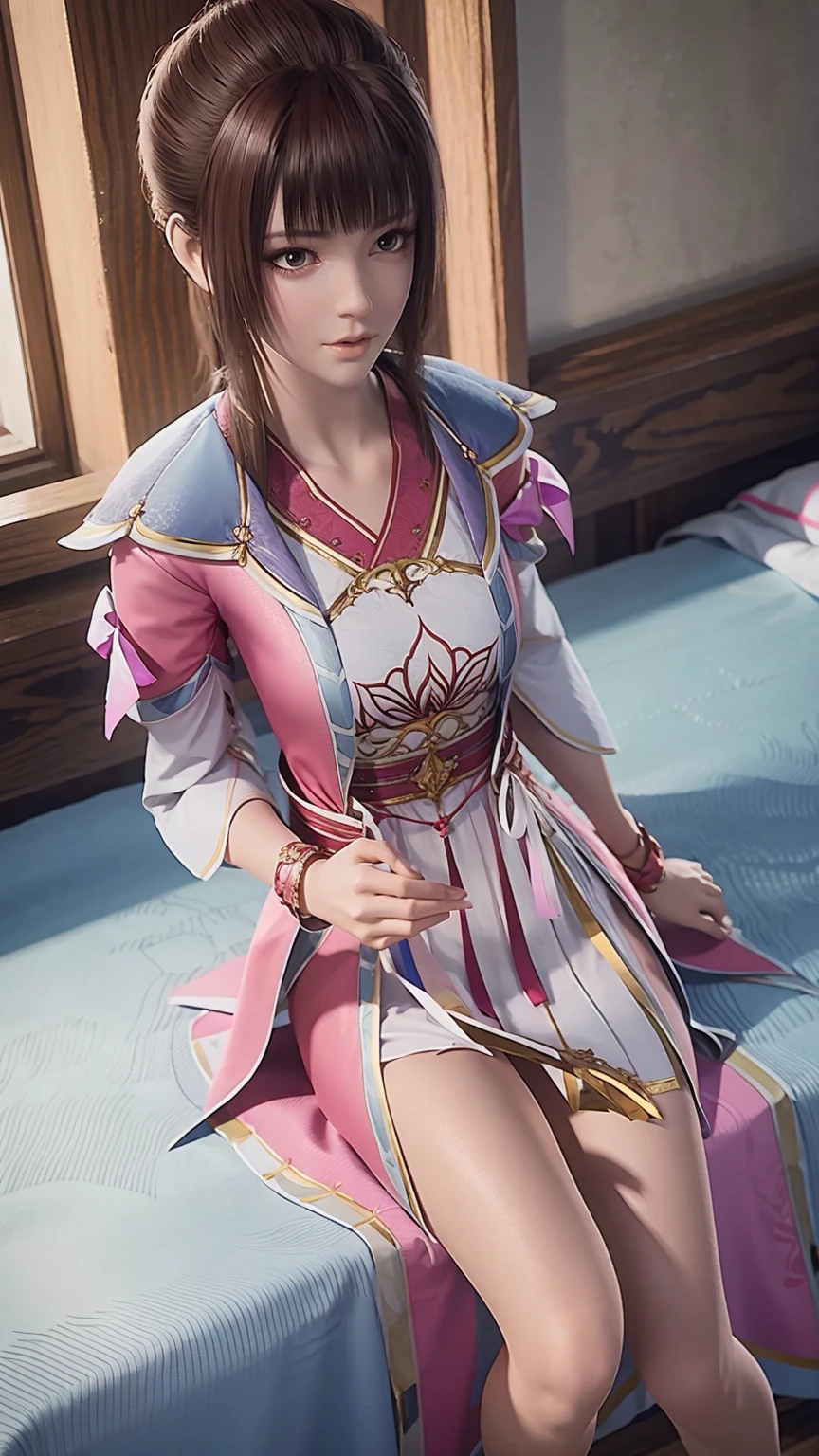 A beautiful young 16 year old girl lying on a pink bed, facing up with slightly raised legs, highly detailed, photorealistic, 4k, 8k, cinematic, full body, long legs, large breasts, lying on the bed, shoulders exposed, shoulder-length dress, head resting on pillow, fully reclined on the bed