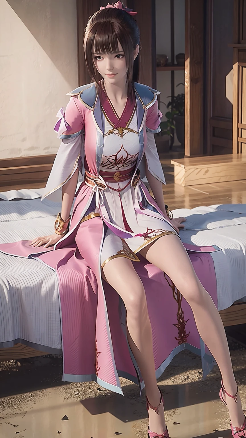 A beautiful  girl lying on a pink bed, facing up with slightly raised legs, highly detailed, photorealistic, 4k, 8k, cinematic, full body, long legs, large breasts, lying on the bed, shoulders exposed, shoulder-length dress, head resting on pillow, fully reclined on the bed