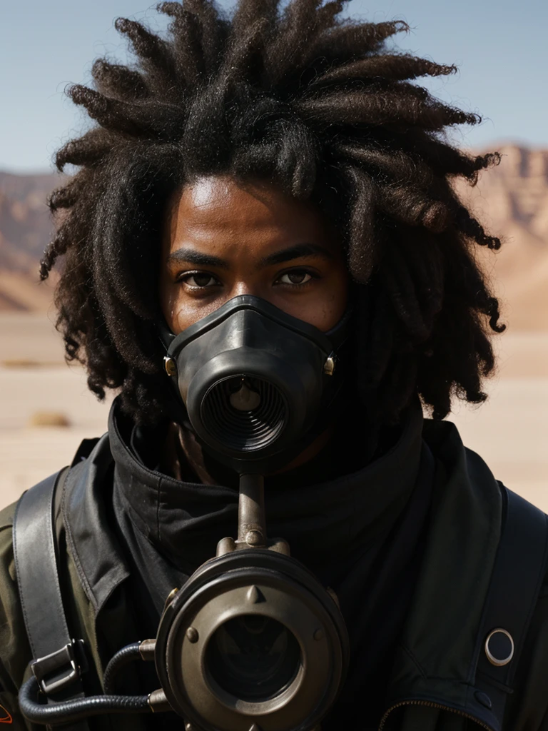 an eye contact of a black hair with an afro gas mask soldier in desert high quality hd 

