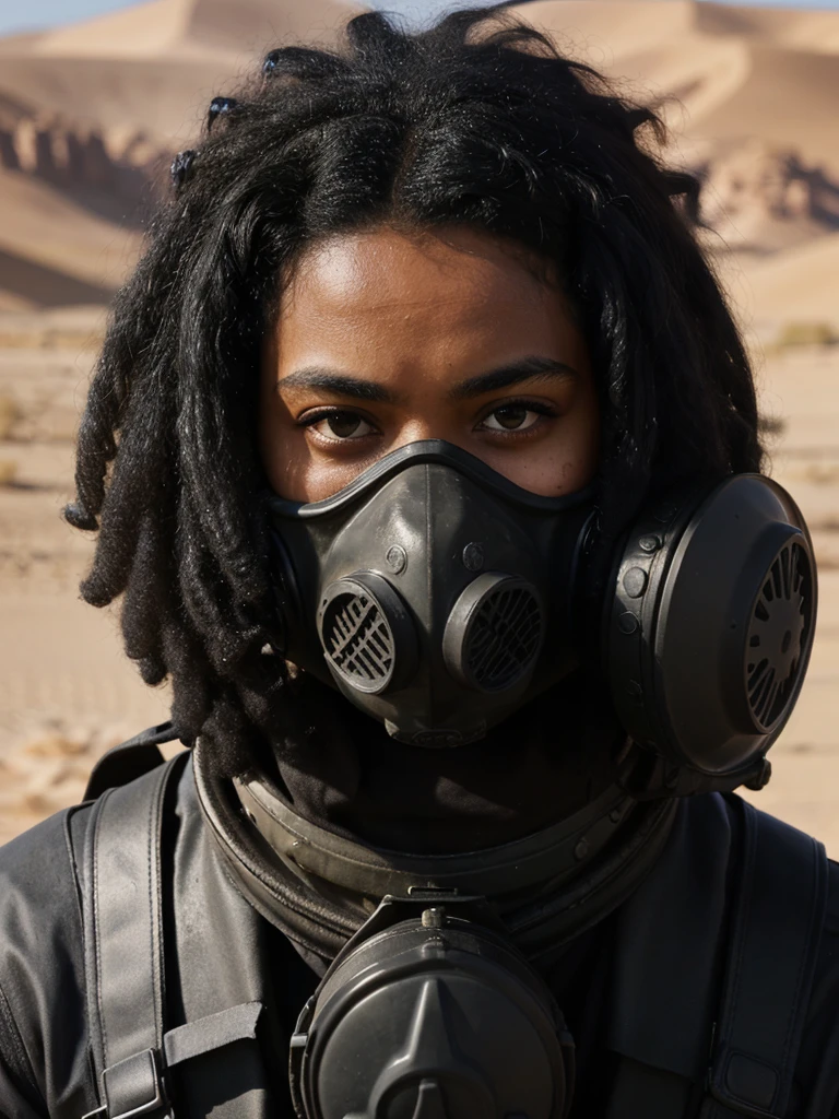 an eye contact of a black hair with an afro gas mask soldier in desert high quality hd