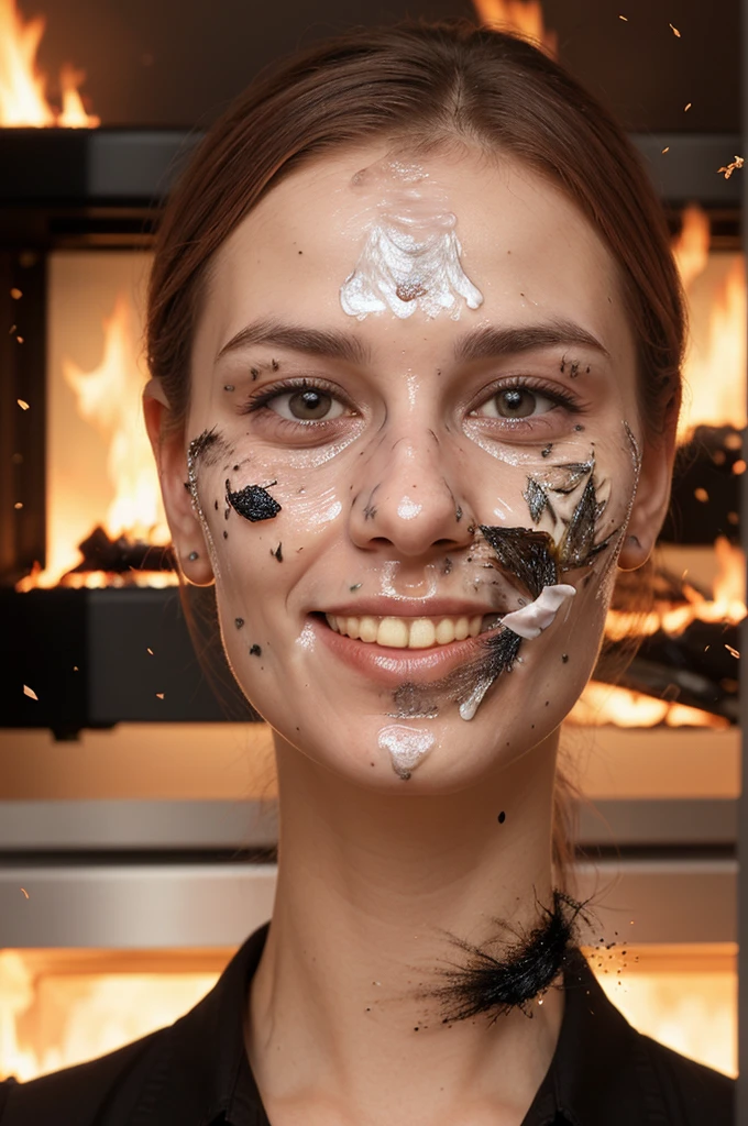Professional, masterpiece, 8k, ISO:100, 35mm, Surreal portrait of a beautiful woman with pale pink hair, (Beautiful Face: 2.0), Messy Hair, Facial hair bundle, Tie your hair up, Fuller lips, Detailed face, Detailed skin, photograph, main office, Realistic, ((Burning fire in the kitchen background: 1.3)), Low angle shot, , Upper Body, Cinematic, Soft lighting, Afternoon Light, Light in your eyes, (False Smile: 1.3), ((Food splattered all over the face: 1.0)), Food explosion, Burnt food, smoky room, ((Food particles on face or body: 2.0))