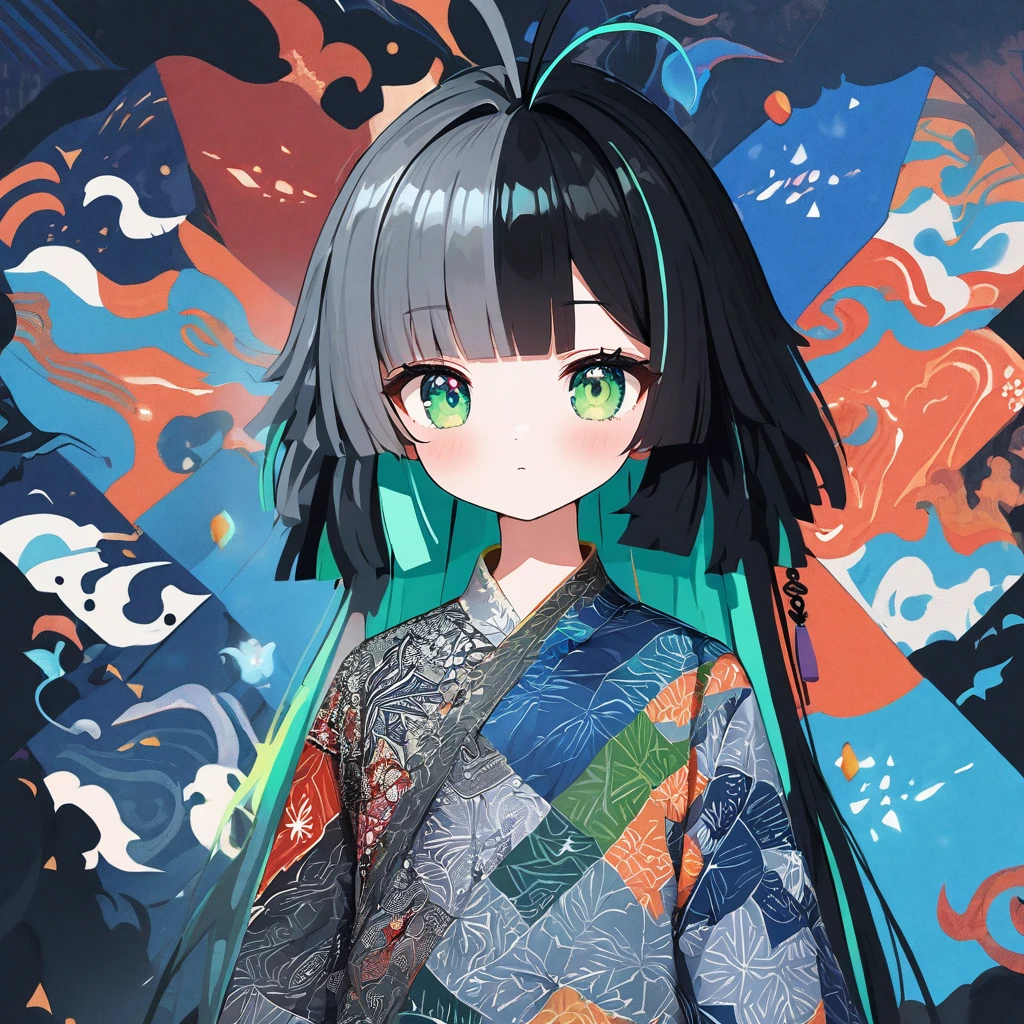 huaniao, (cute_cartoon_style of counterfeit_v3, octane-render):1.33, (monochrome color:blue-theme), detailed calligraphy art, Indian ink brush painting, aesthetic art:1.2), multi-exposure prism, strobe ripple effect, BREAK, 1girl, (detailed green eyes, jet-black hair,colored inner green hair,split color:1.21), antenna hair,Ebru marbling, batik, and fractal-inspired fabric dress. #dress, #ebru, #batik, #fractal, #fashion, #art, #design, A long, flowing dress made of fabric with a unique and eye-catching pattern. The pattern is a combination of ebru marbling, batik, and fractals. The ebru marbling creates a swirling, organic pattern, while the batik adds a touch of color and contrast. The fractals create a sense of depth and complexity. floating hair, graphite, partially colored, spot color, (flip the whole horizontally,blue image:1.3), (Monochromatic colors:1.4), BREAK,(additional Background), (detailed calligraphy art:1.1), (marbled gray color cloud:1.3),(2raging dragons of east pacific:1.3). Break, see stratosphere from below, Entering the atmosphere , serious, grumpy, side view, whole body shot, (jet-black hair, colored inner green hair, split-color hair):1.21, antenna hair, include colorful binary code, calligraphy patterns, penmanship, visual poetry, cultural expression, decorative writing. of her form molded from clear, luminous glitches, beautiful scripts cascading in symmetrical patterns, housing a multitude of artistic lettering tech,