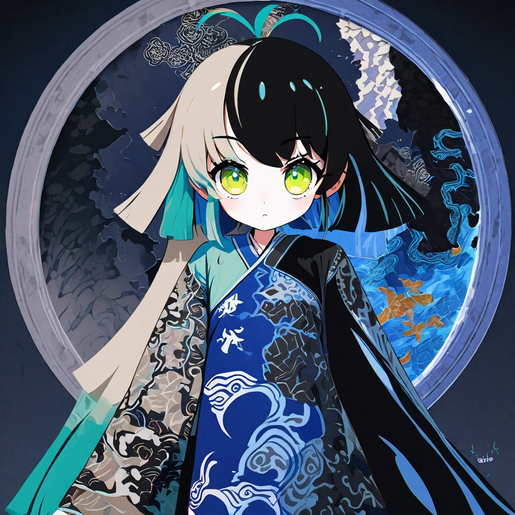 huaniao, (cute_cartoon_style of counterfeit_v3, octane-render):1.33, (monochrome color:blue-theme), detailed calligraphy art, Indian ink brush painting, aesthetic art:1.2), multi-exposure prism, strobe ripple effect, BREAK, 1girl, (detailed green eyes, jet-black hair,colored inner green hair,split color:1.21), antenna hair,Ebru marbling, batik, and fractal-inspired fabric dress. #dress, #ebru, #batik, #fractal, #fashion, #art, #design, A long, flowing dress made of fabric with a unique and eye-catching pattern. The pattern is a combination of ebru marbling, batik, and fractals. The ebru marbling creates a swirling, organic pattern, while the batik adds a touch of color and contrast. The fractals create a sense of depth and complexity. floating hair, graphite, partially colored, spot color, (flip the whole horizontally,blue image:1.3), (Monochromatic colors:1.4), BREAK,(additional Background), (detailed calligraphy art:1.1), (marbled gray color cloud:1.3),(2raging dragons of east pacific:1.3). Break, see stratosphere from below, Entering the atmosphere , serious, grumpy, side view, whole body shot, (jet-black hair, colored inner green hair, split-color hair):1.21, antenna hair, include colorful binary code, calligraphy patterns, penmanship, visual poetry, cultural expression, decorative writing. of her form molded from clear, luminous glitches, beautiful scripts cascading in symmetrical patterns, housing a multitude of artistic lettering tech,