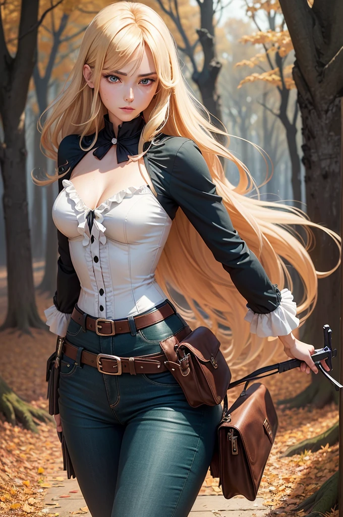 Anime-style digital painting of a 30-year-old female character, inspired by the dynamic and expressive style of Shingo Araki. She has elongated facial features, waist-length, wavy blond hair, V bangs, and blue eyes, in a dynamic pose within an autumn landscape. Wearing a ruffled white blouse, a black corset, skinny tight dark green jeans, and high black boots, with a discreet holster and firearm on her thigh, set against a backdrop of fallen leaves and warm autumn colors, reflecting her serene yet powerful demeanor.