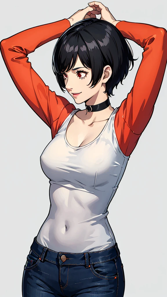 1girl, smile, red eyes, tomboy Pixie haircut, very Short hair, black hair, black choker, shirt, jeans, medium breast, lipstic, cowboy shot, arms up, lying bust up shot,