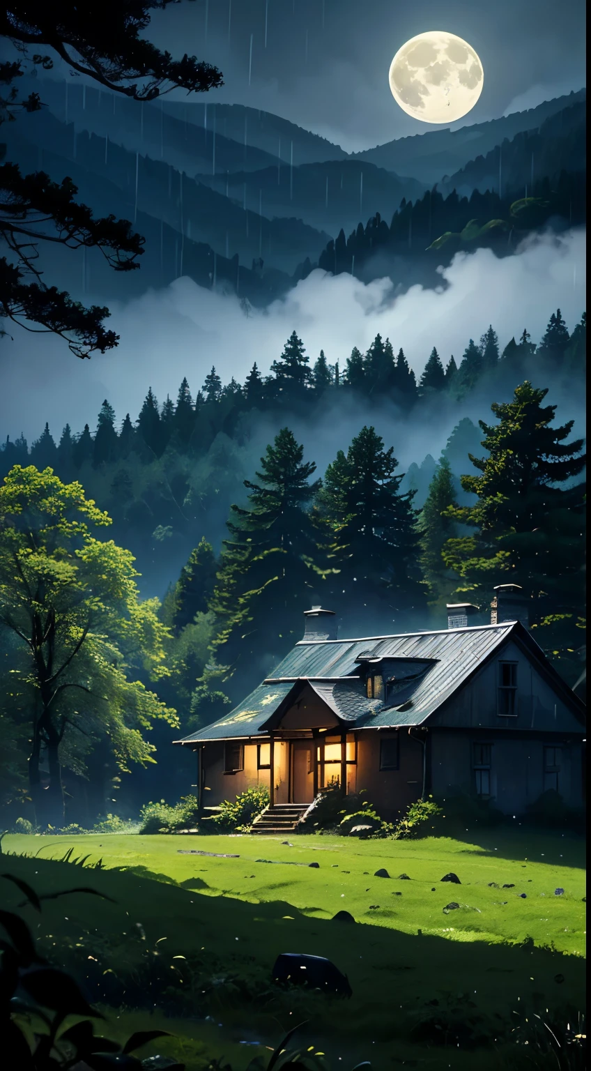 landscape,(Mont、(Deep in the forest、Mossy)、Foggy、Uneasy atmosphere)、Farmhouse under a big tree,Capture light and shadow, Artistry,Night Sky、Shining Star、Big beautiful full moon、It rains
