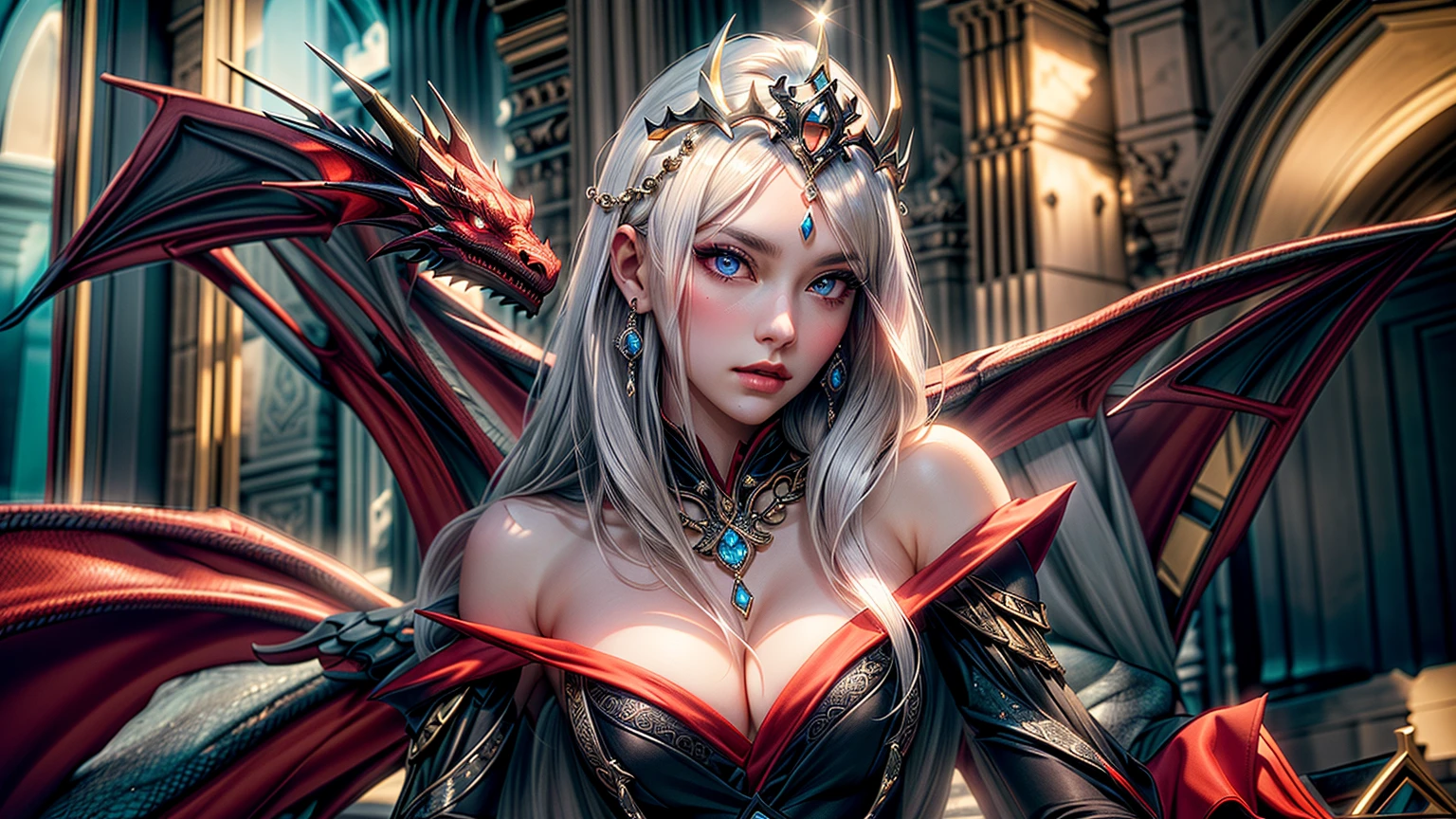 queen of dragons, with white long hair, wear a crown on the head, black dress and purple eyes, Serious look, There is dark red dragon on the back, The background is ruins ,game of throne,8K,Realistic picture