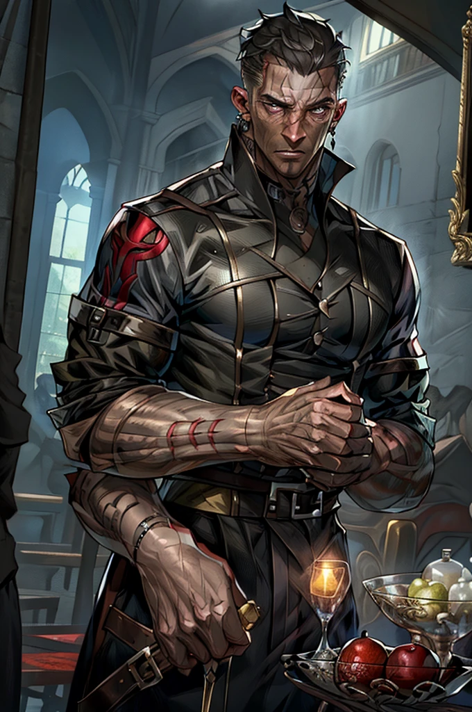man, vampire, masculine, masculine face, attractive, muscular, ((1man)), masterpiece, absurdres, best quality ,intricate details , (shiny skin, shiny body, shiny oily luster skin, shiny hair, pale skintone), old castle, Sundown, attractive, ((muscular)), adult, one, tattoo in his chest ,black blouse, earrings, black pants, Don't look at the view , Not looking at the view, red short hair, perfect detailed face, perfect detailed hands, vampire fangs, blue eyes, ((MLS)), medium large shoot
