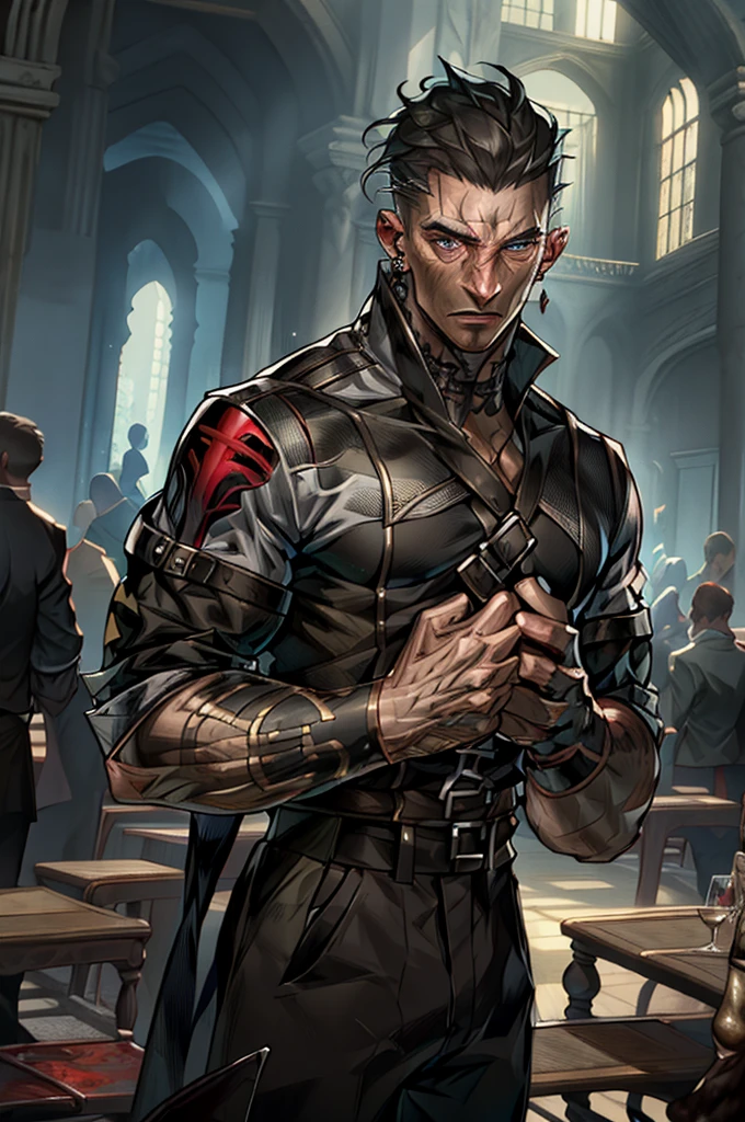 man, vampire, masculine, masculine face, attractive, muscular, ((1man)), masterpiece, absurdres, best quality ,intricate details , (shiny skin, shiny body, shiny oily er skin, shiny hair, pale skintone), old castle, Sundown, attractive, ((muscular)), adult, one, tattoo in his chest ,black blouse, earrings, black pants, Don't look at the view , Not looking at the view, red short hair, perfect detailed face, perfect detailed hands, vampire fangs, blue eyes, ((MLS)), medium large shoot