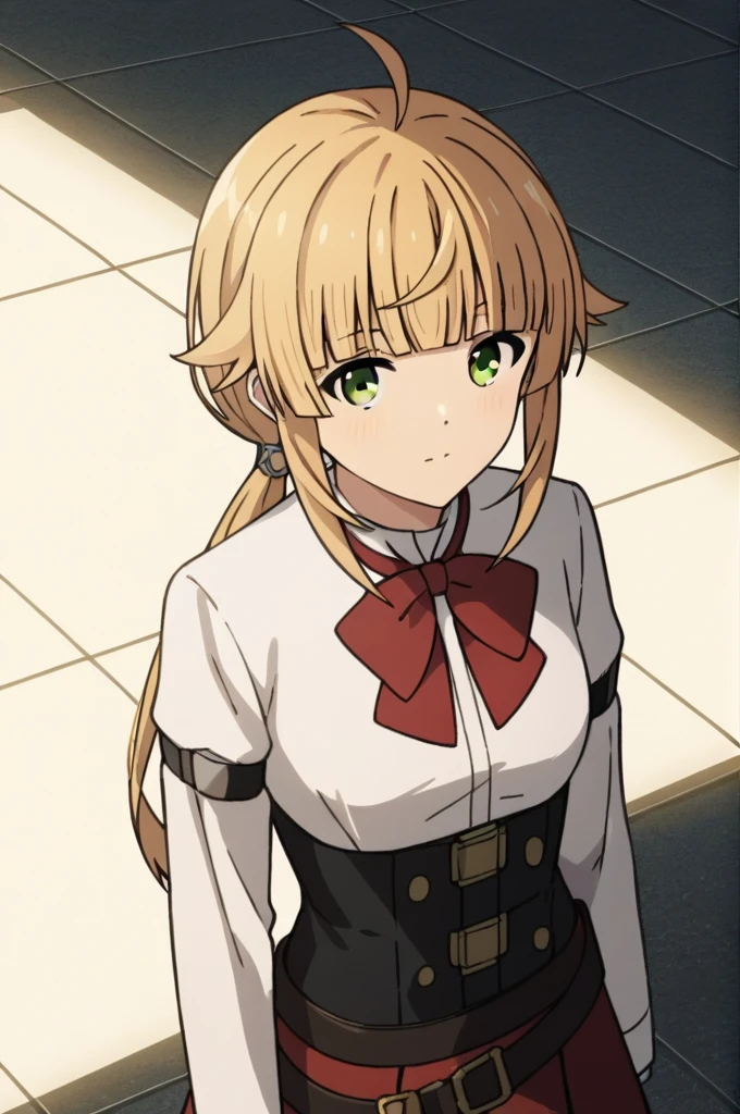 , Long sleeve, White shirt, Red bow tie, Black Skirt, Red Skirt, Belt Norn_Greyrat,bangs, Blonde,Long Hair,Yellow-green eyes,Ahoge,Side Lock,blunt bangs hair flaps,Low Ponytail, score_9, score_8_superior, score_7_superior, score_6_superior, score_5_superior, score_4_superior, break,1 growing girl, 最high quality, masterpiece, Super detailed, high quality,good quality,1 Girl,(masterpiece,High resolution, Super detailed,8k,16K),View the viewer