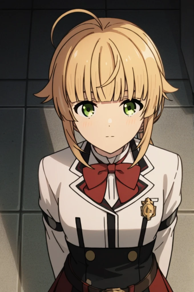 , Long sleeve, White shirt, Red bow tie, Black Skirt, Red Skirt, Belt Norn_Greyrat,bangs, Blonde,Long Hair,Yellow-green eyes,Ahoge,Side Lock,blunt bangs hair flaps,Low Ponytail, score_9, score_8_superior, score_7_superior, score_6_superior, score_5_superior, score_4_superior, break,1 growing girl, 最high quality, masterpiece, Super detailed, high quality,good quality,1 Girl,(masterpiece,High resolution, Super detailed,8k,16K),View the viewer