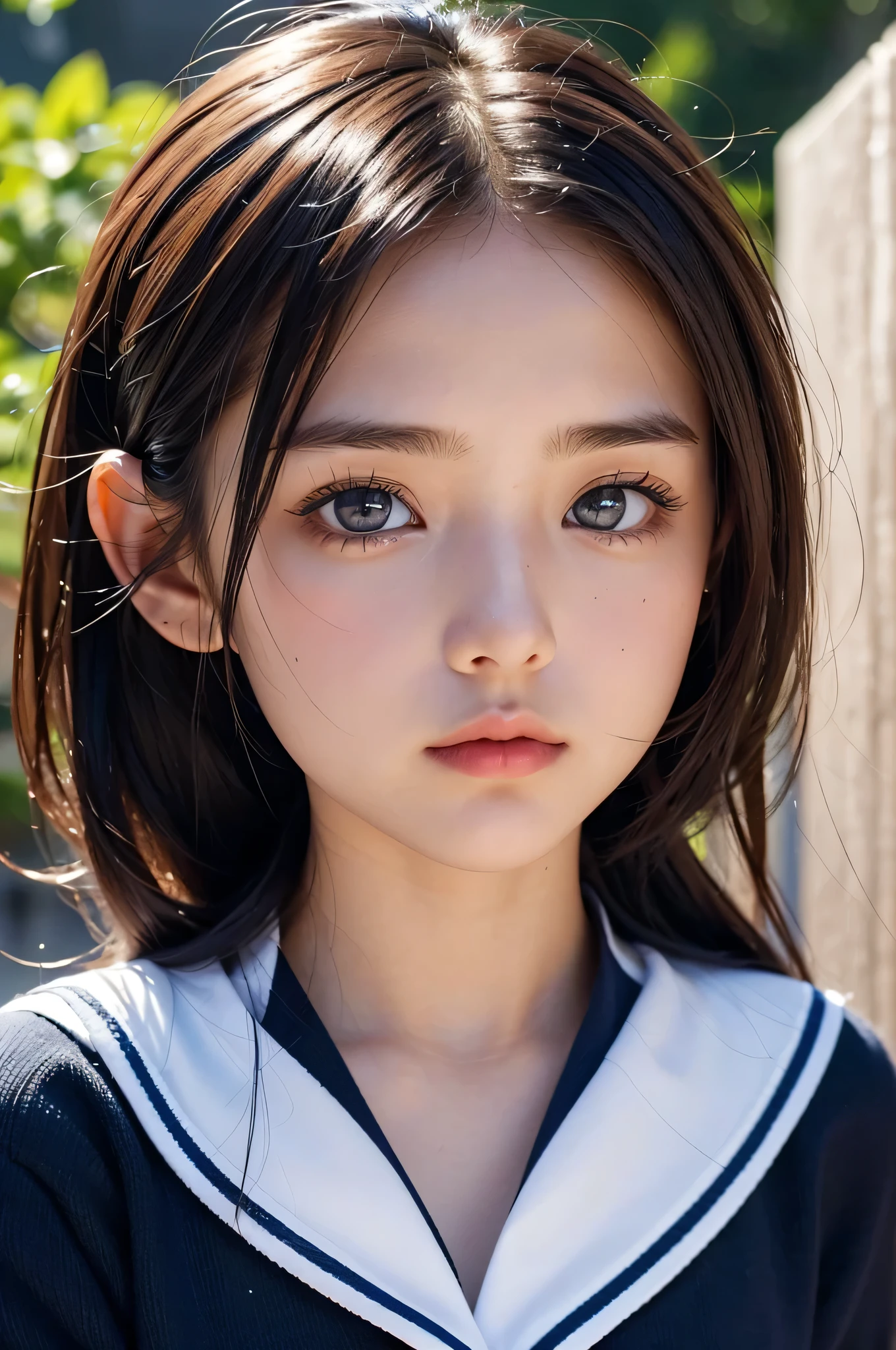 One Girl,(One very cute girl:1.3),masterpiece,highest quality,High resolution,Photorealistic,RAW Photos,Ray Tracing,beautiful girl,(15 years old:1.3),cute,Big eyes,(detailed pupils:1.2),(The face is facing straight ahead:1.3),Body facing forward,Beautiful nose,Fuller lips,Short black hair,ponytail,short hair,Detailed eyelashes,Thin eyebrows,Very fine grain definition,(Symmetrical eyes:1.3),(Face close-up,Face Focus:1.0),White and navy blue sailor suit,,Portrait,View Viewer,Small breasts,Cinema Lighting,High resolution,Very detailed
