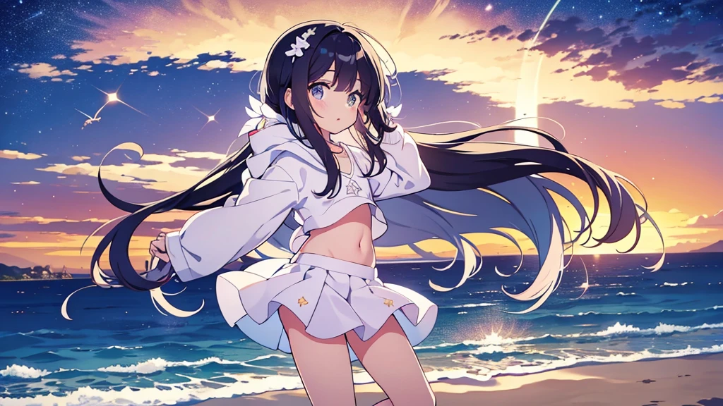Una linda camisa blanca que la deja ver. 、Falda de vuelo celeste con volantes、Se levanta la falda con ambas manos para lucir su linda ropa interior blanca.、Linda ropa interior blanca visible cuando se levanta la falda.、Playa de arena, Mar hermoso, noche y cielo estrellado