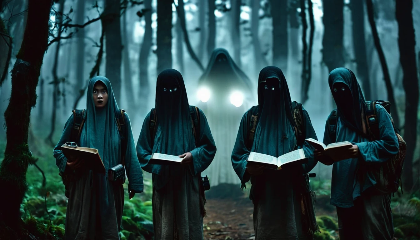 "Three friends with scared expressions on their faces standing in a dark forest. One is holding a flashlight, another a camera, and the third a book with ancient scripts. In the background, a shadowy ghost figure looms, partially visible in the mist."