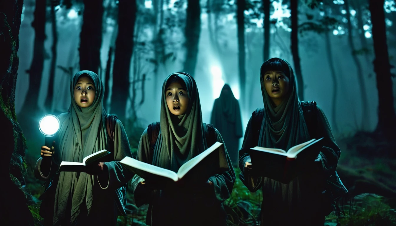 "Three friends with scared expressions on their faces standing in a dark forest. One is holding a flashlight, another a camera, and the third a book with ancient scripts. In the background, a shadowy ghost figure looms, partially visible in the mist."