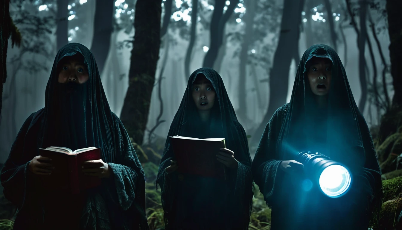 "Three friends with scared expressions on their faces standing in a dark forest. One is holding a flashlight, another a camera, and the third a book with ancient scripts. In the background, a shadowy ghost figure looms, partially visible in the mist."