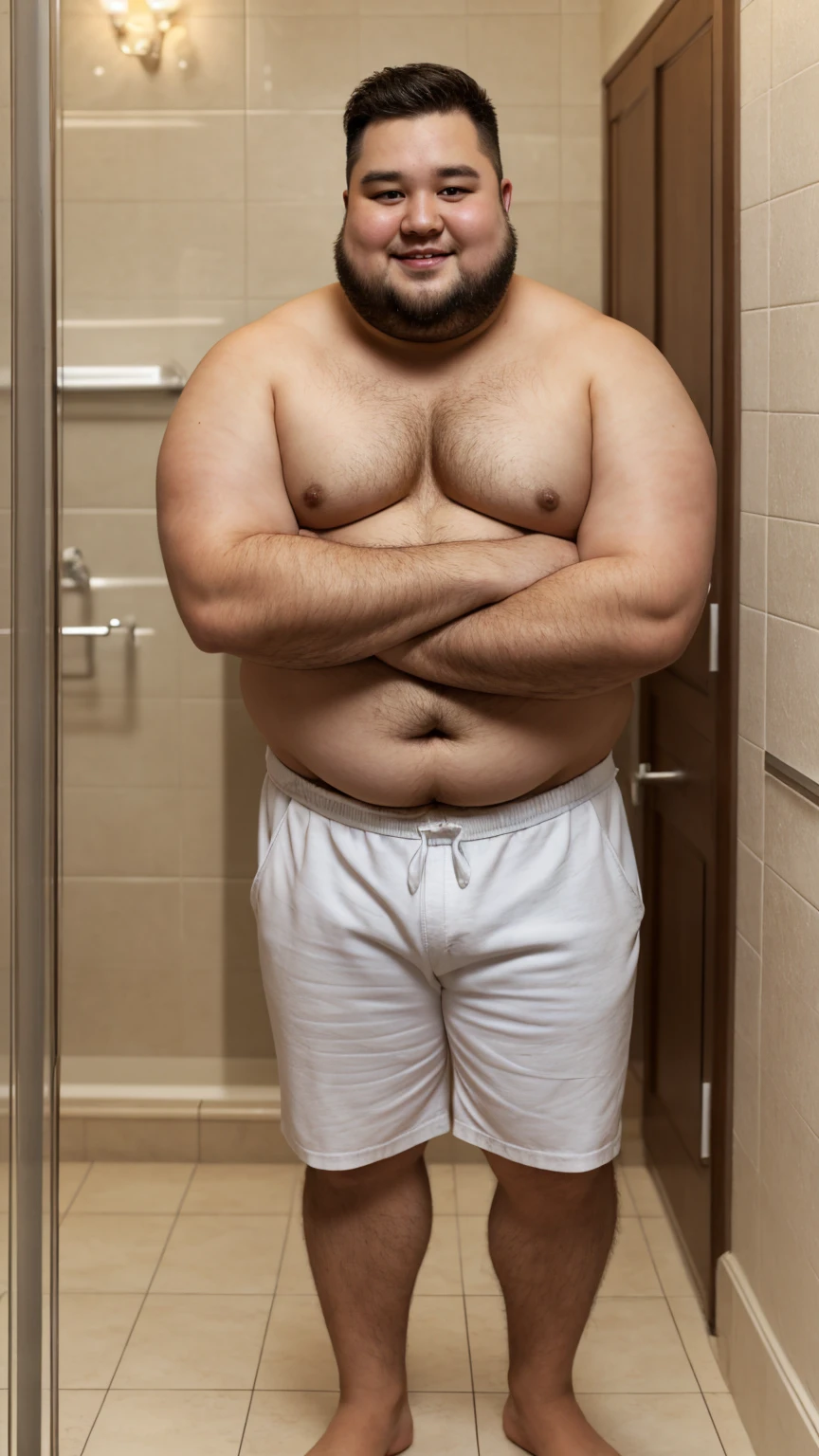 A cute fat man, with symmetrical big eyes, round inch, short hair, big round face, round face, short chin, beard, a lot of hair on his chest, strong arms, black round-rimmed glasses, very developed chest, round belly, standing in the bathroom, shirtless upper body, white shorts, bare feet, super clear picture quality, oriental male, full body photo.