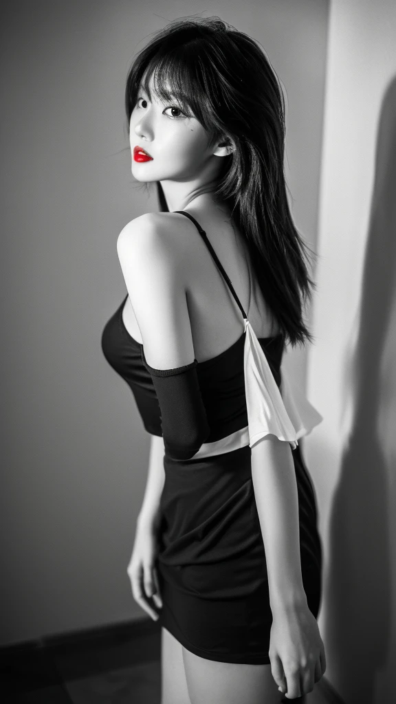 (((Black and white art:1.2、Black and white photography、RAW Photos、Film Grain)))、A beautiful 21 year old Japanese woman、((Fuller lips、Sexy red lips:1.3))、Attractive hairstyle、skirt、Highest quality、High resolution、High resolution、Cinema Lighting、Black and white photography、Professional Photographer、slim