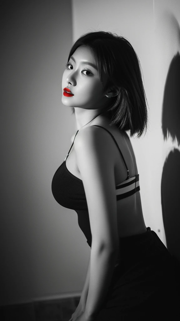 (((Black and white art:1.2、Black and white photography、RAW Photos、Film Grain)))、A beautiful 21 year old Japanese woman、((Fuller lips、Sexy red lips:1.3))、Attractive hairstyle、skirt、Highest quality、High resolution、High resolution、Cinema Lighting、Black and white photography、Professional Photographer、slim