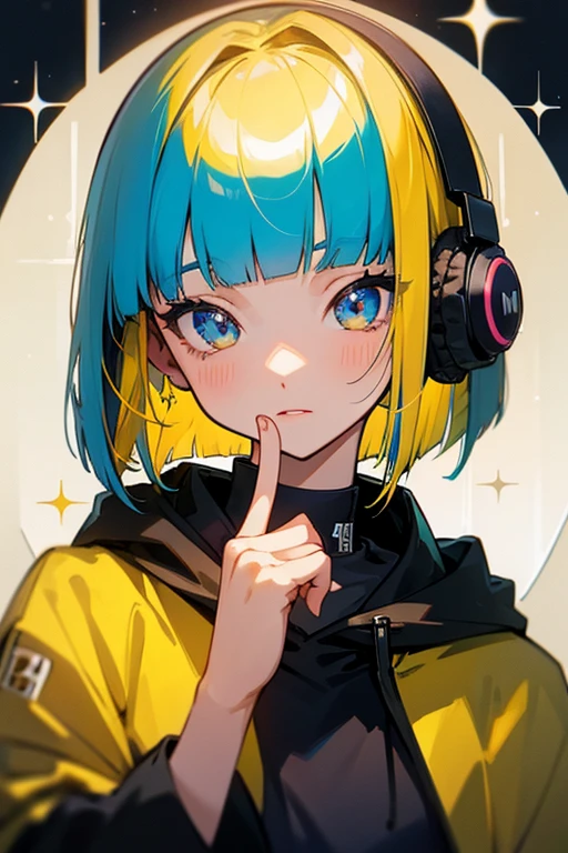 1 girl,18 years old, ((detailed face)), ((detailed eyes)), ((sparkling eyes)), yellow hair, blue color ed inner hair, bob cut, blunt bangs,
BREAK
black hoodie, colorful innerwear, holding own finger, headphones,