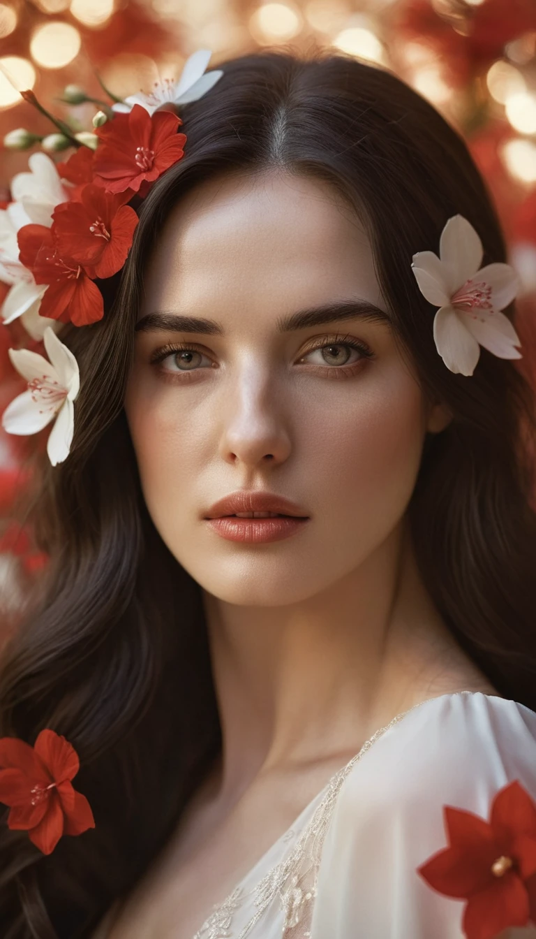 1girl, long dark hair, flowers woven into hair, white and red flowers, soft warm lighting, partially lit face, calm pensive expression, detailed eyes and lips, artistic photography style, warm color scheme, intimate, peaceful, (best quality,4k,8k,highres,masterpiece:1.2),ultra-detailed,(realistic,photorealistic,photo-realistic:1.37),HDR,studio lighting,extreme detail description,professional,vivid colors,bokeh