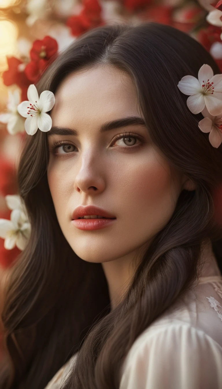 1girl, long dark hair, flowers woven into hair, white and red flowers, soft warm lighting, partially lit face, calm pensive expression, detailed eyes and lips, artistic photography style, warm color scheme, intimate, peaceful, (best quality,4k,8k,highres,masterpiece:1.2),ultra-detailed,(realistic,photorealistic,photo-realistic:1.37),HDR,studio lighting,extreme detail description,professional,vivid colors,bokeh