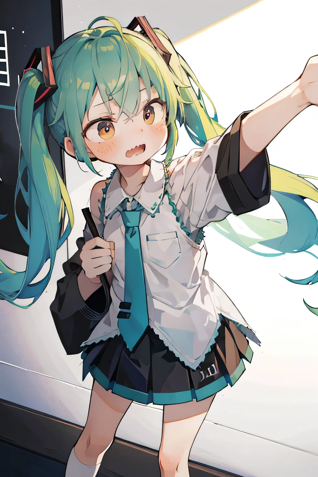 (masterpiece, Highest quality:1.3), One male , Front hair, green_hair, blush, brown_eye, bulge, Cosplay, Women, independent_sleeve, Embarrassing, eyelash, Hatsune_Miku_(Cosplay), Holding, Holding_Telephone, indoor, male_concentrated, mirror, tie, ototeeth_no_teeth, Telephone, Pleats_skirt, Selfie, shirt, skirt, No sleeve, No sleeve_shirt, alone, spring_Onion, Are standing, Sweat, Knee socks, Twin tails, umbrella, wig