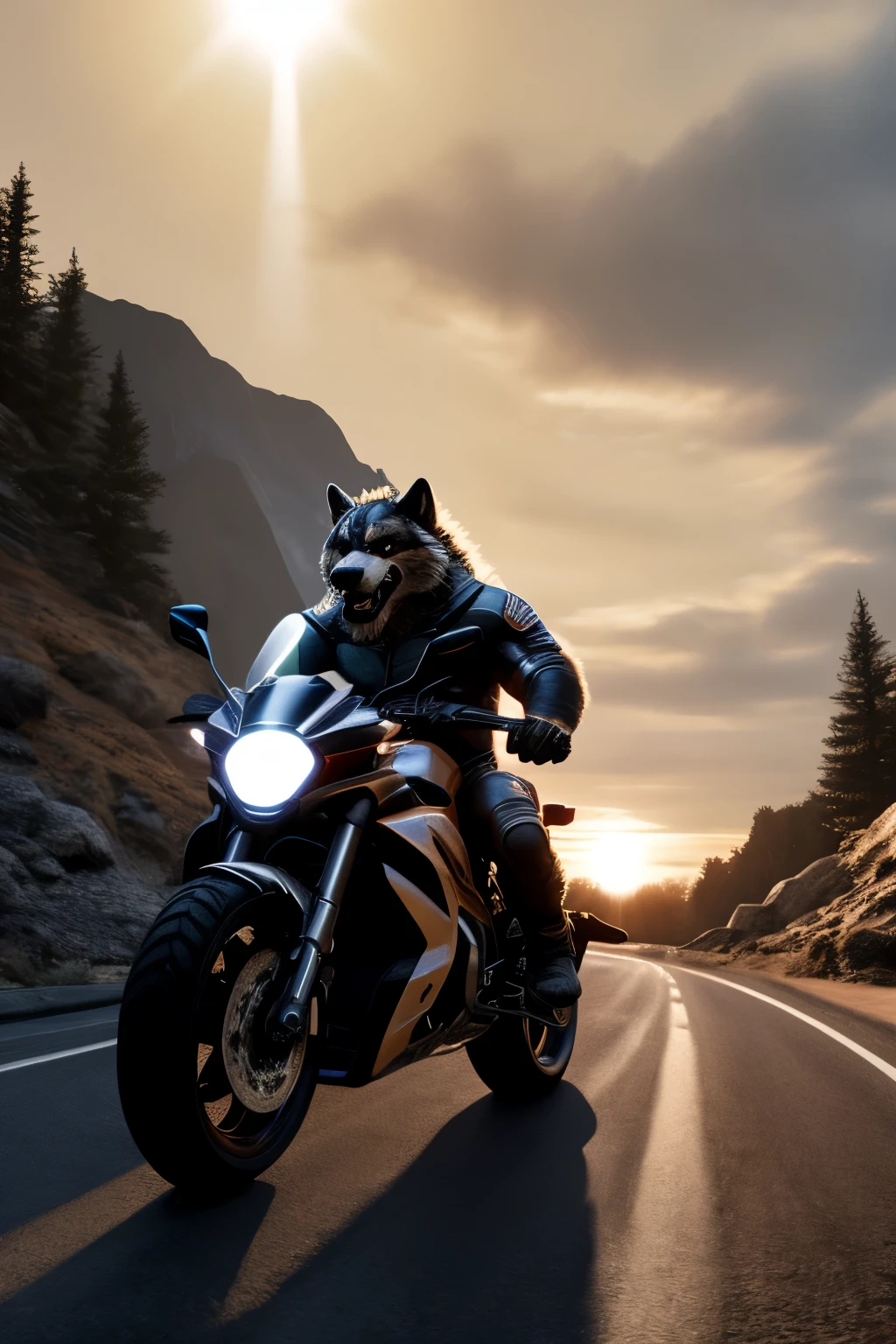 In an exhilarating and thrilling tableau, a muscular anthro-wolf rides a sleek, roaring motorcycle at breakneck speed along the winding road. The man, a seasoned adventurer, grips tightly to the wolf's bulky frame, their silhouettes stark against the setting sun. This captivating scene, meticulously crafted, boasts a scale of 9:16.
Rendered in 3D, this masterpiece exudes realism, with the highest quality graphics that would trend on ArtStation. The wolf's fur is intricately detailed, from the light-white fur on its back to the brown fur on its belly