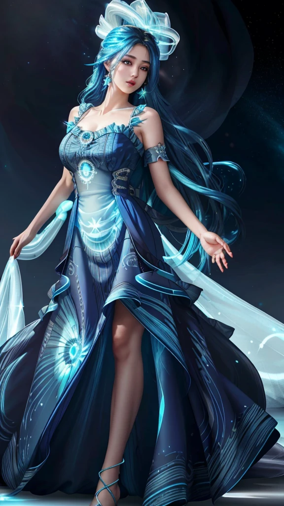 Ultra hd, 8k quality, a girl, (Beautiful face:1.3), very long hair, blue dress, (glowing dress:1.5), detailed eyes, front capture, unreal engine 5, Perfect body,