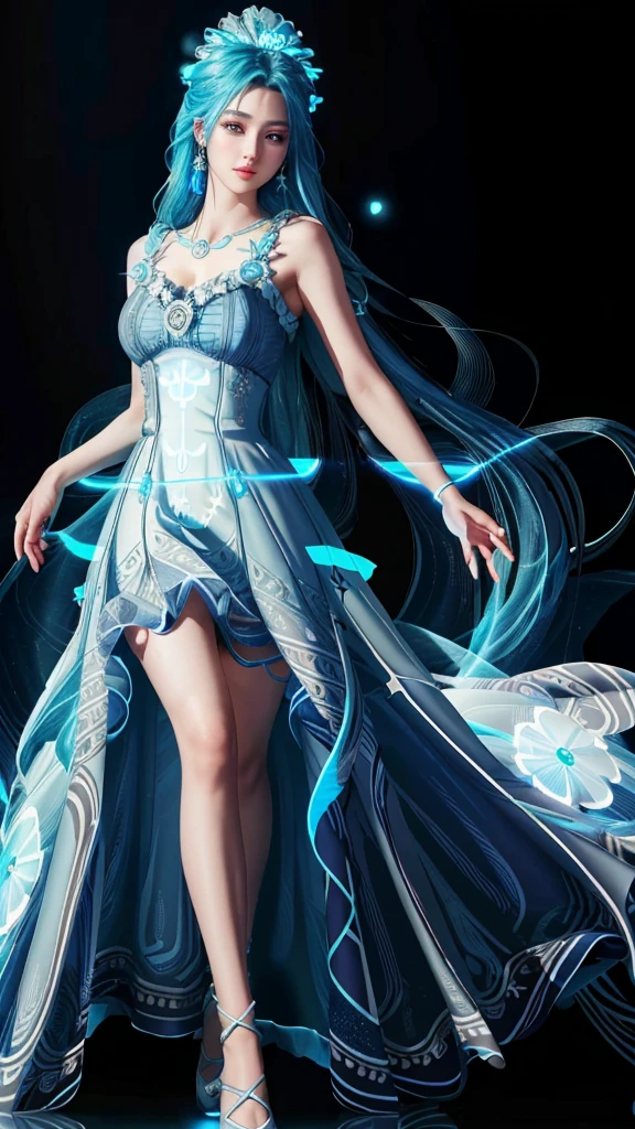 Ultra hd, 8k quality, a girl, (Beautiful face:1.3), very long hair, blue dress, (glowing dress:1.5), detailed eyes, front capture, unreal engine 5, Perfect body,