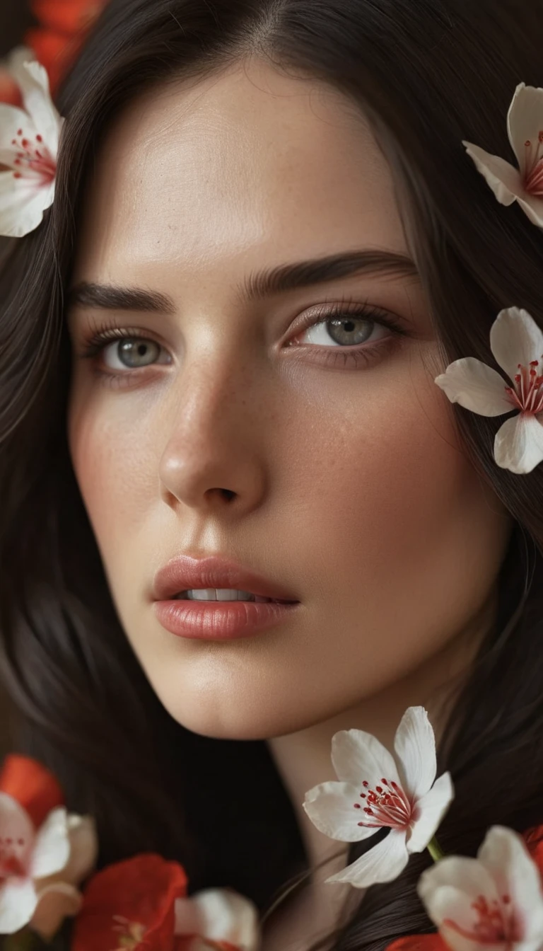 1girl, long dark hair, flowers woven into hair, white and red flowers, soft warm lighting, partially lit face, calm pensive expression, detailed eyes and lips, artistic photography style, warm color scheme, intimate, peaceful, (best quality,4k,8k,highres,masterpiece:1.2),ultra-detailed,(realistic,photorealistic,photo-realistic:1.37),HDR,studio lighting,extreme detail description,professional,vivid colors,bokeh