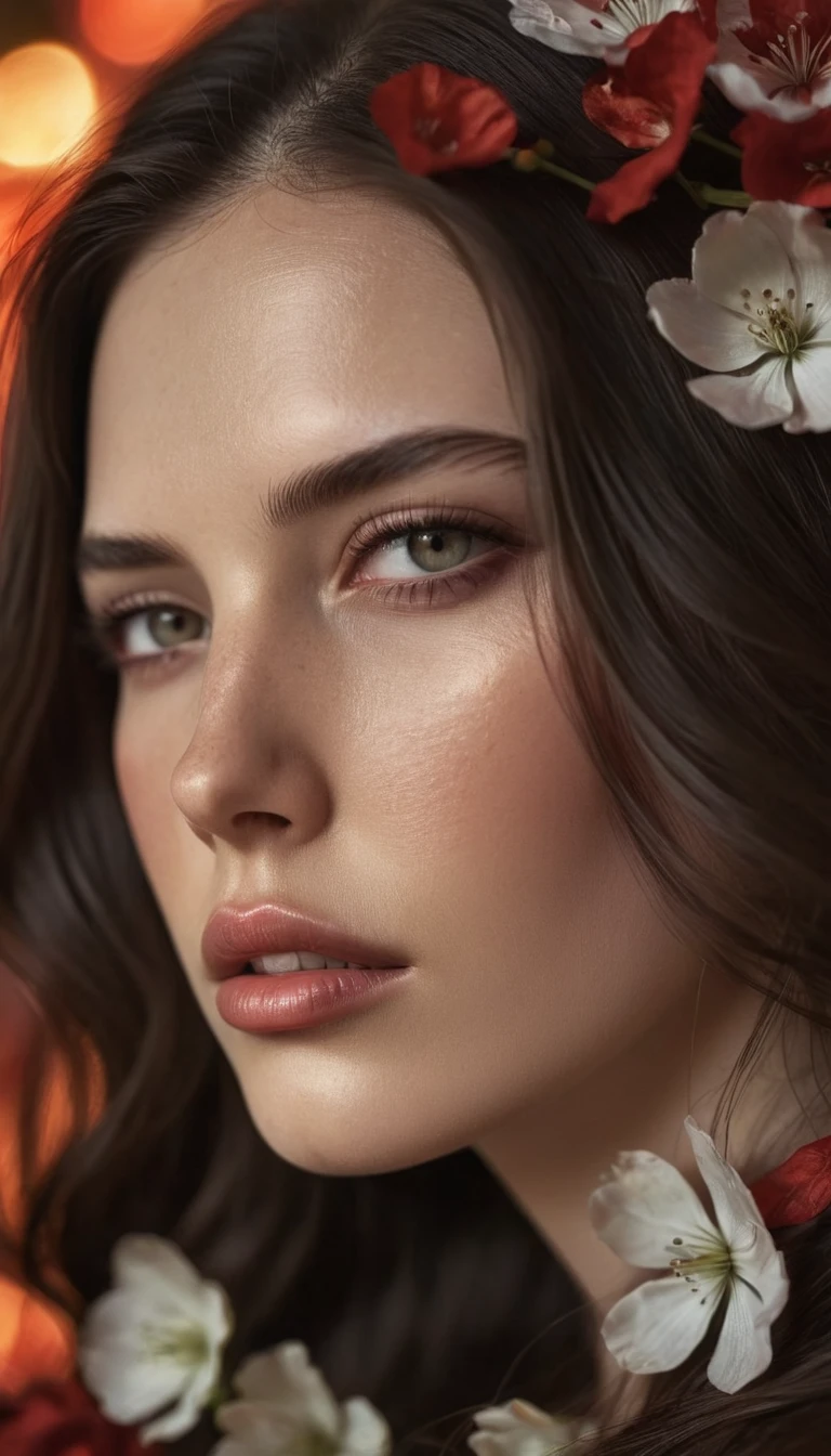 1girl, long dark hair, flowers woven into hair, white and red flowers, soft warm lighting, partially lit face, calm pensive expression, detailed eyes and lips, artistic photography style, warm color scheme, intimate, peaceful, (best quality,4k,8k,highres,masterpiece:1.2),ultra-detailed,(realistic,photorealistic,photo-realistic:1.37),HDR,studio lighting,extreme detail description,professional,vivid colors,bokeh