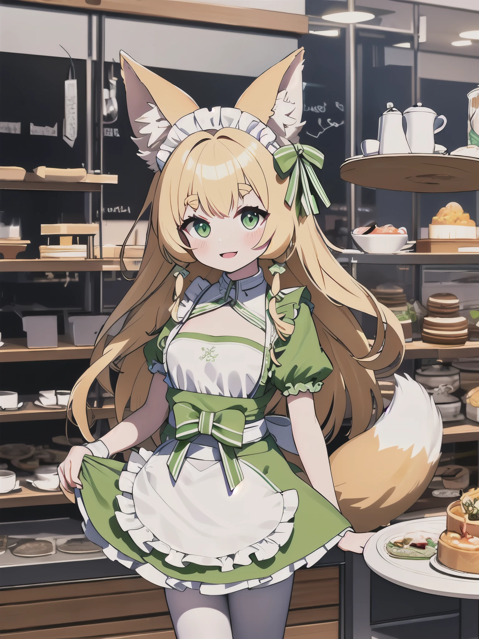 Highest quality, masterpiece,1 Girl,alone,Yellow round eyebrows,Blonde Hair, Big fox ears,Big fox tail, ((Very long green eyes)),Shining eyes,((Green maid apron)),((White ruffle skirt)),Small breasts,indoor,Coffee shop,have_Silver round tray,Green round dish on a tray,10 years old,White pantyhose,Green boa boots,((Chibi)),smile,Close your mouth,