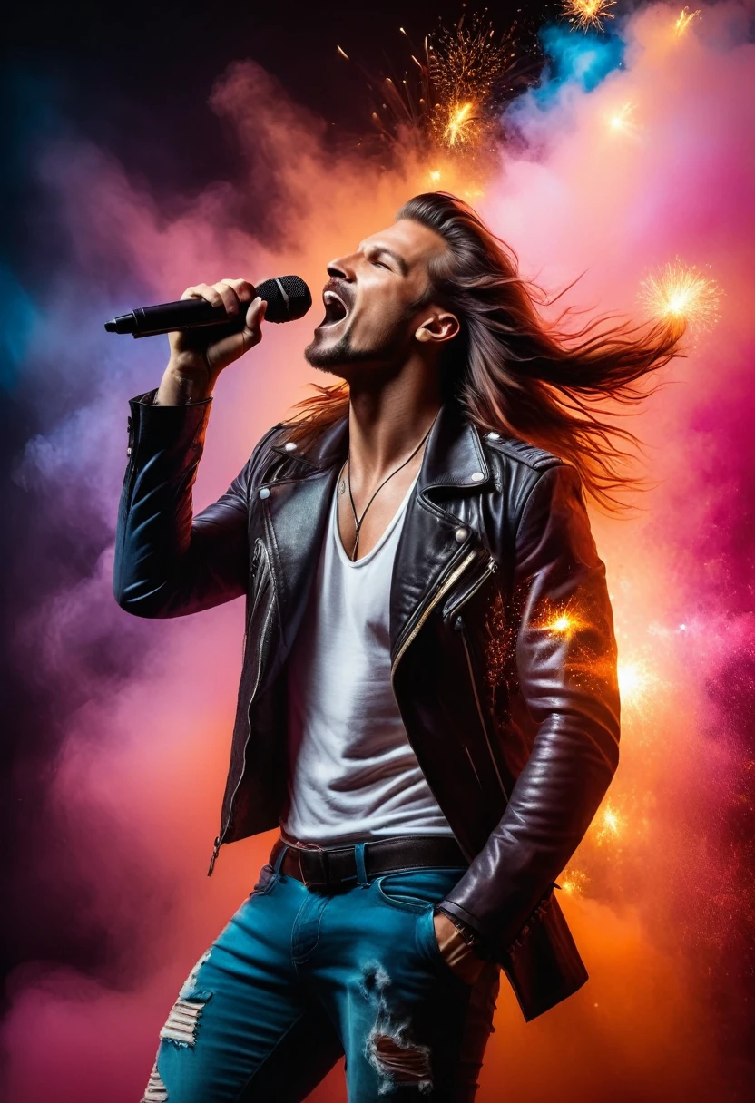 cyberpunk styled male artist (singer), (rockstar), long hair, brown hair, portrait, whole body, fist up, (best image quality,4K,8k,HD,Meisterwerk:1.2),Super detailliert,look into the camera, (lebensecht,lebensecht,lebensecht:1.37)。Kreative Tapetengestaltung,extremely beautiful,Buntes Konfetti explodiert wie Feuerwerk,(((young male singer,buntes Konfetti spritzt aus dem Schlagzeug,Tanzen Sie zur Musikmelodie)))Energetische Bewegung,Dynamische und kraftvolle abstrakte Kunst,Bunt,Lebendige Regenbogenfarben,Cheerful and lively atmosphere,leuchtendes Orange,Rosa,Whimsical and dreamy,dunkler Hintergrund