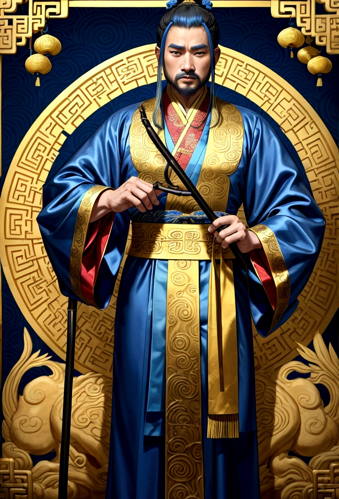 Araped man in blue and gold clothes holding a cane, Inspired by Emperor Xuande, Hanfu, Robes with golden letters, wearing ancient chinese clothes, heise jinyao, Taoist robes, traditional chinese dress, Inspired by Guo Xi, Taoist priest, chinese costume, Very detailed and rich costumes, Inspired by Guan