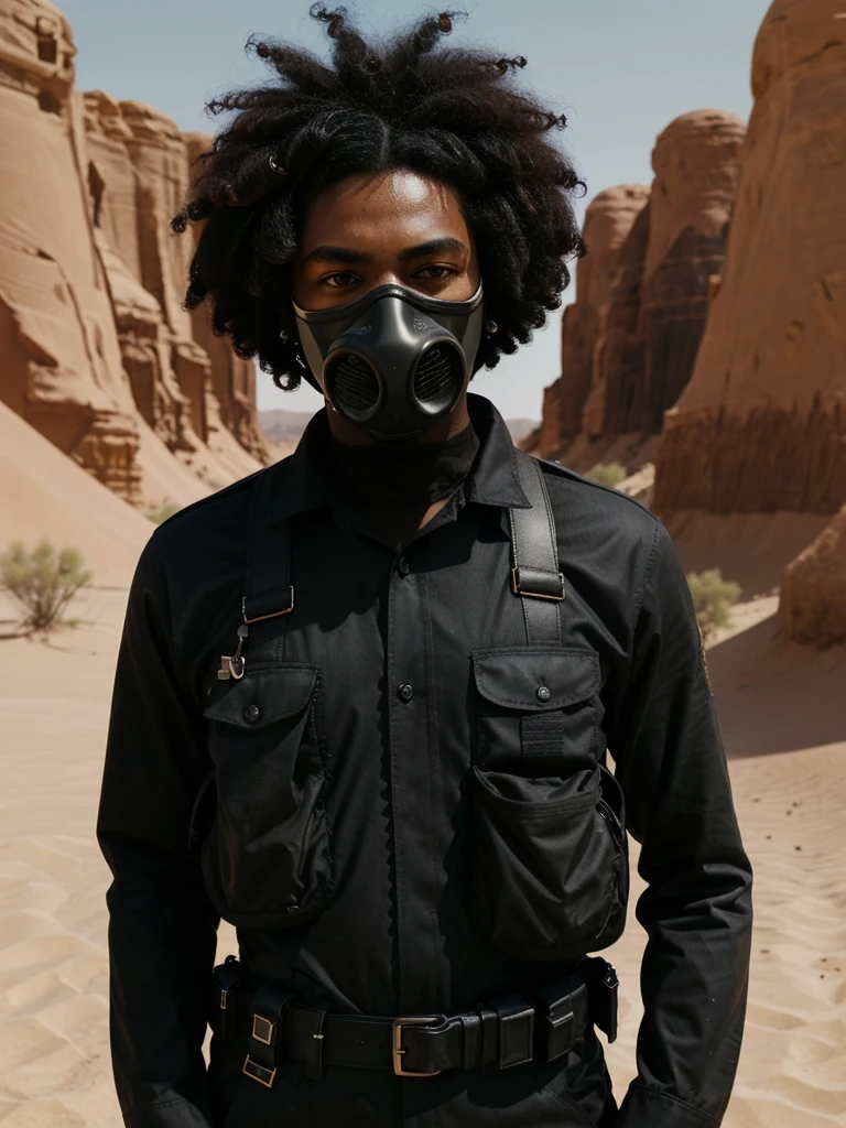 an eye contact of a black hair with an afro gas mask soldier in desert high quality hd album cover holding hand up
