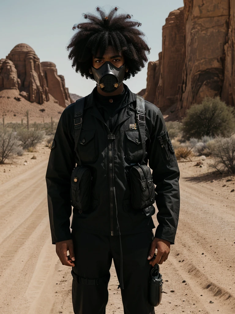 an eye contact of a black hair with an afro gas mask soldier in desert high quality hd album cover holding hand up