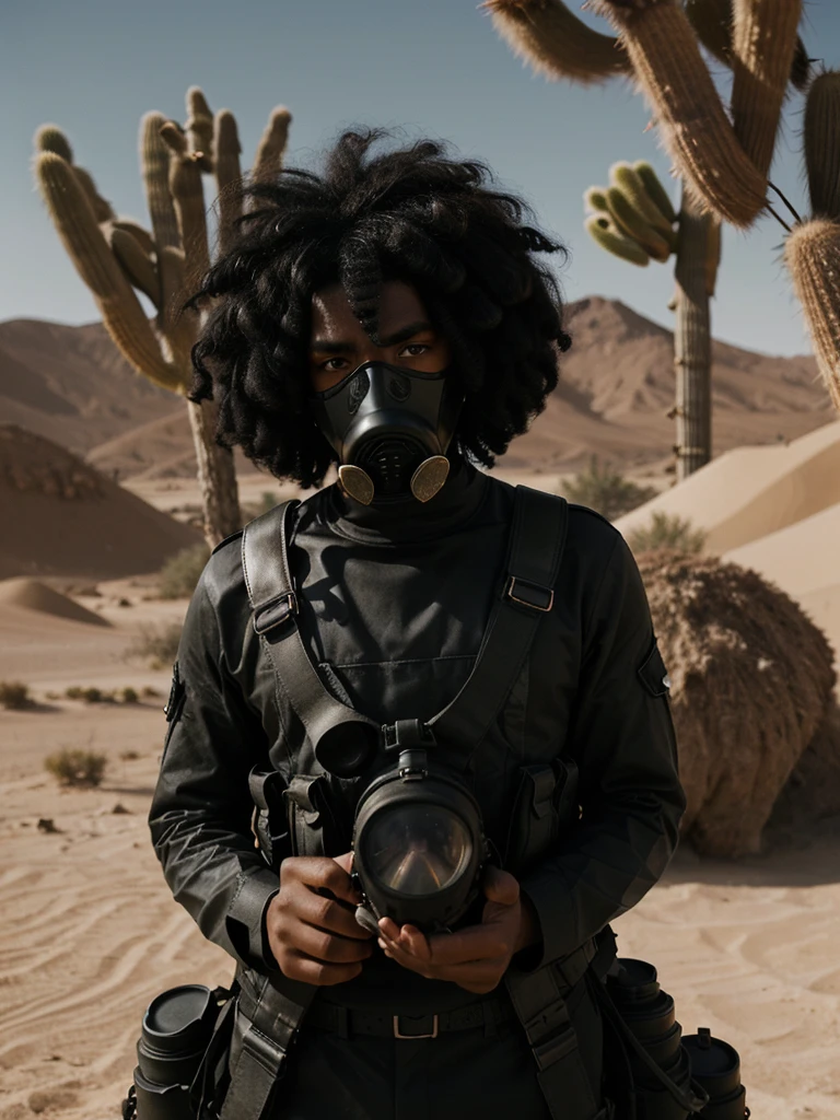 an eye contact of a black hair with an afro gas mask soldier in desert high quality hd album cover holding hand up
