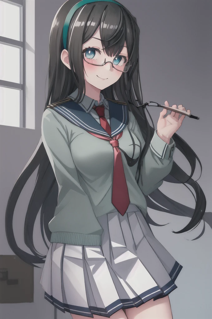 best quality, masterpiece, highres, solo, {ooyodo_kantaicollection:1.15}, black_hair, long_hair, glasses, hairband, semi-rimless_eyewear, under-rim_eyewear, blue_eyes, green_eyes, blush,small_breasts, 1girl, school_uniform, serafuku, pleats_skirt, looking_at_viewer, necktie, old_school_background, red_necktie,angry,smile,Proudly