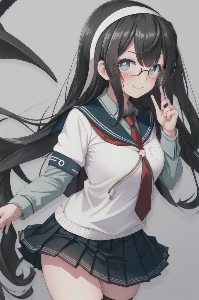 best quality, masterpiece, highres, solo, {ooyodo_kantaicollection:1.15}, black_hair, long_hair, glasses, hairband, semi-rimless_eyewear, under-rim_eyewear, blue_eyes, green_eyes, blush,small_breasts, 1girl, school_uniform, serafuku, pleats_skirt, looking_at_viewer, necktie, old_school_background, red_necktie,angry,smile,Proudly